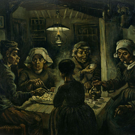 Pintura Os Comedores de Batata, de Van Gogh, mostrando camponeses reunidos em torno da mesa em ambiente escuro, ilustrando o início de sua trajetória e a construção gradual da linguagem artística.