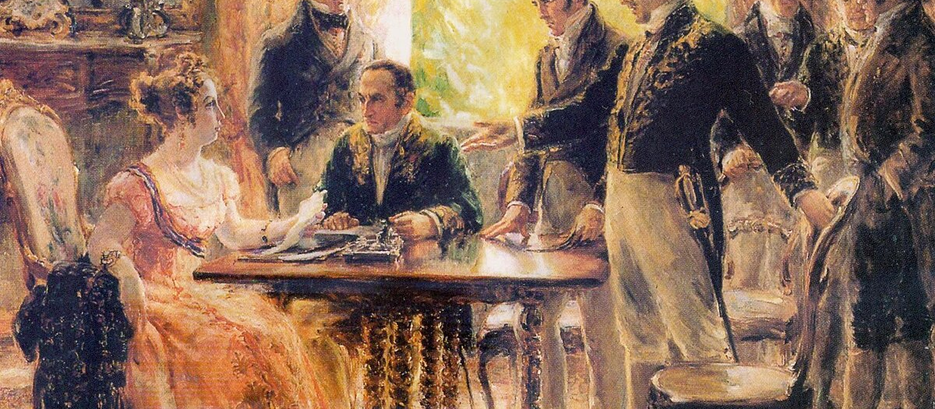 Pintura Sessão do Conselho de Estado, de Georgina de Albuquerque, cena histórica em interior com Maria Leopoldina sentada à mesa, cercada por conselheiros, composição organizada pela luz, gestos contidos e atmosfera solene.