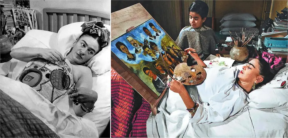 Frida Kahlo, pintando na cama após seu acidente, década de 1950
