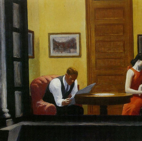 Pintura Room in New York de Edward Hopper, 1932, mostrando um homem lendo jornal e uma mulher ao piano no mesmo ambiente, exemplo de silêncio e narrativa construída pelo não dito na arte.