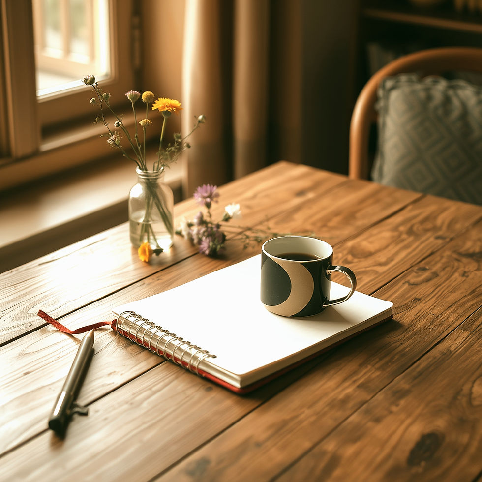 Create an authentic lifestyle image of a wooden table with a notebook, coffee mug, wildflo