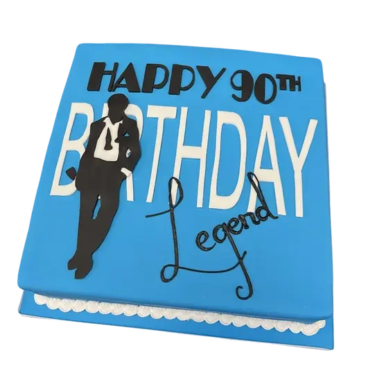 Bespoke birthday cake featuring a silhouette of a suited man, crafted for celebration in Solihull, West Midlands.