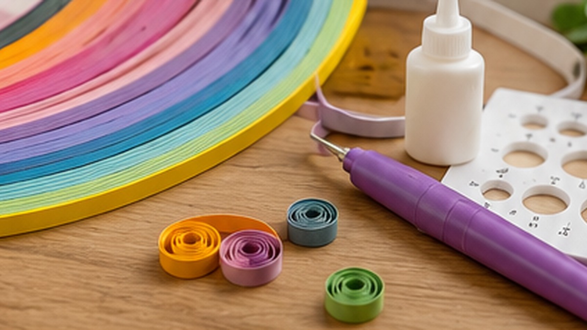 Quilling strips, a rolling tool, precision glue, and a sizing board arranged for a beginner