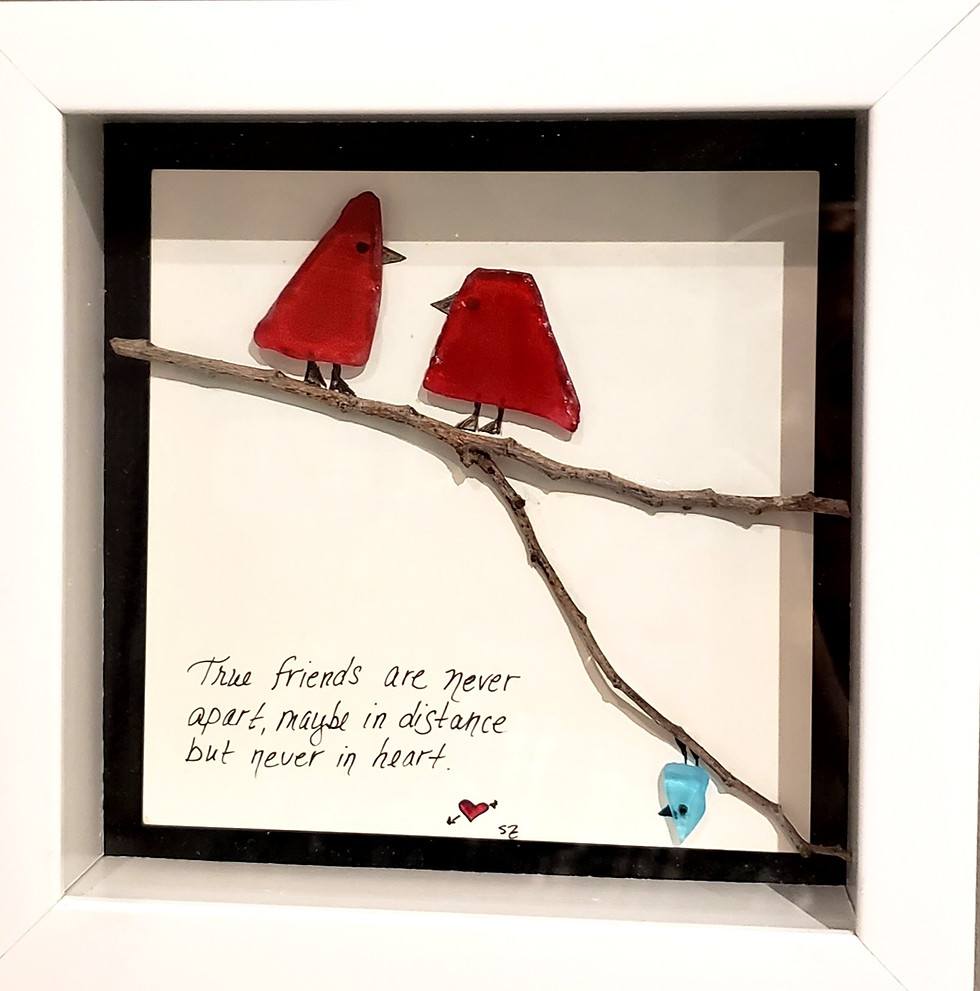 Thumbnail: When cardinals appear, loved ones are near. Seaglass used for cardinals. Encased in white frame and glass. A great gift of sympathy.