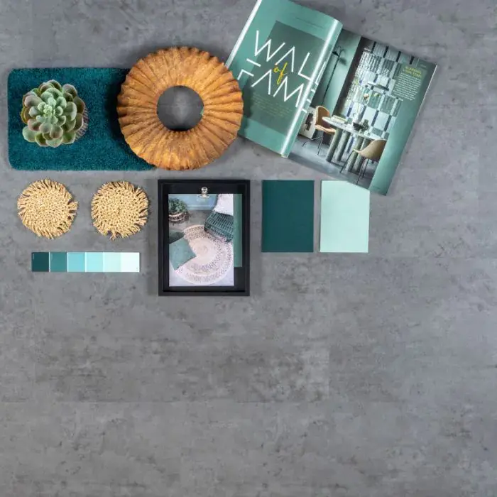 Stijlvol interieurontwerp met kleurenpalet en accessoires.