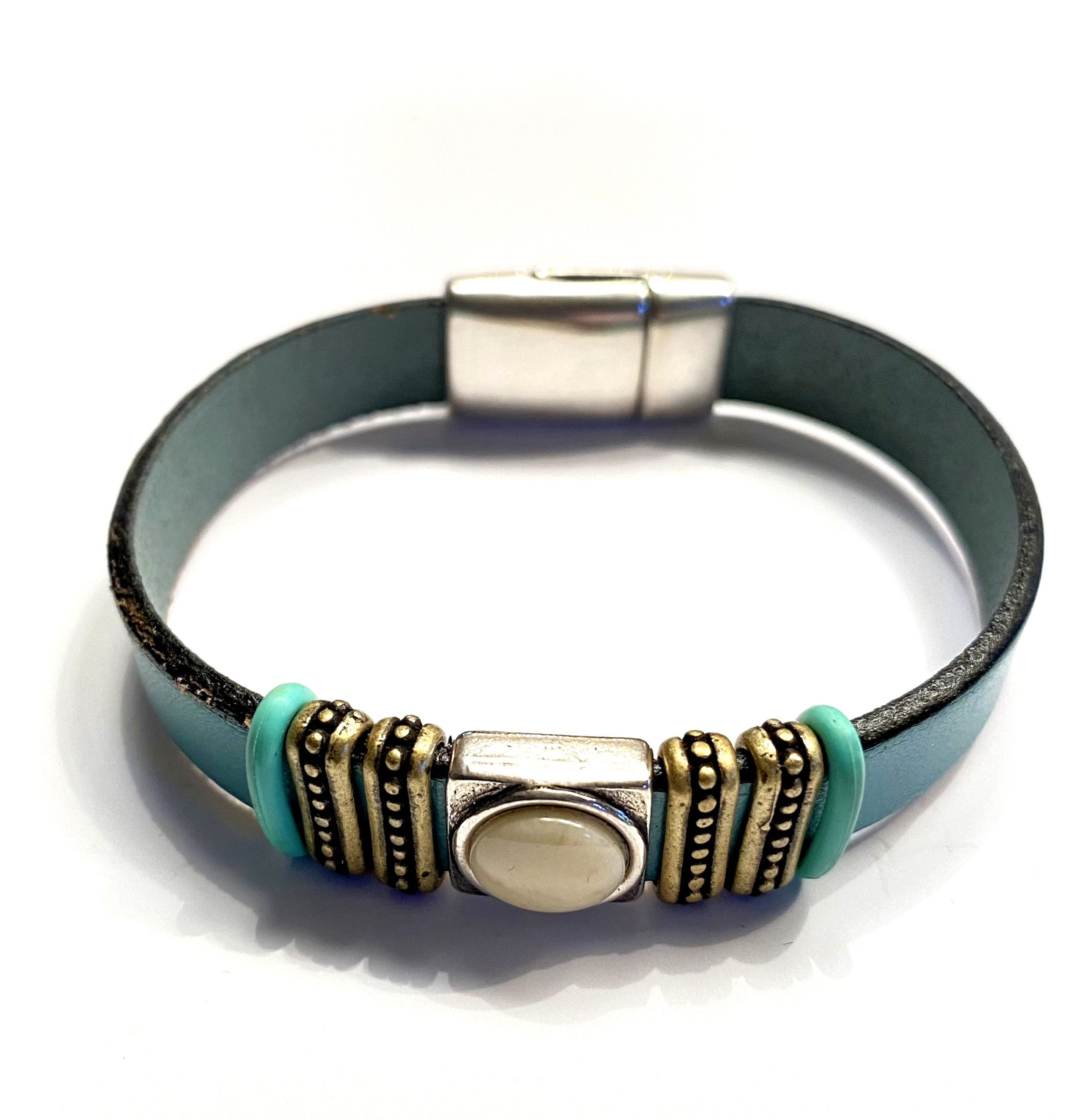 Turquoise Flat Leather with Antique Gold Spacers and Greek Resin White Ceramic