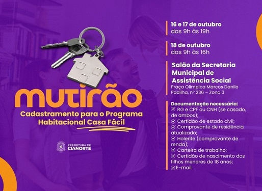 Mutirão de cadastramento para Programa Casa Fácil começa nesta quinta-feira