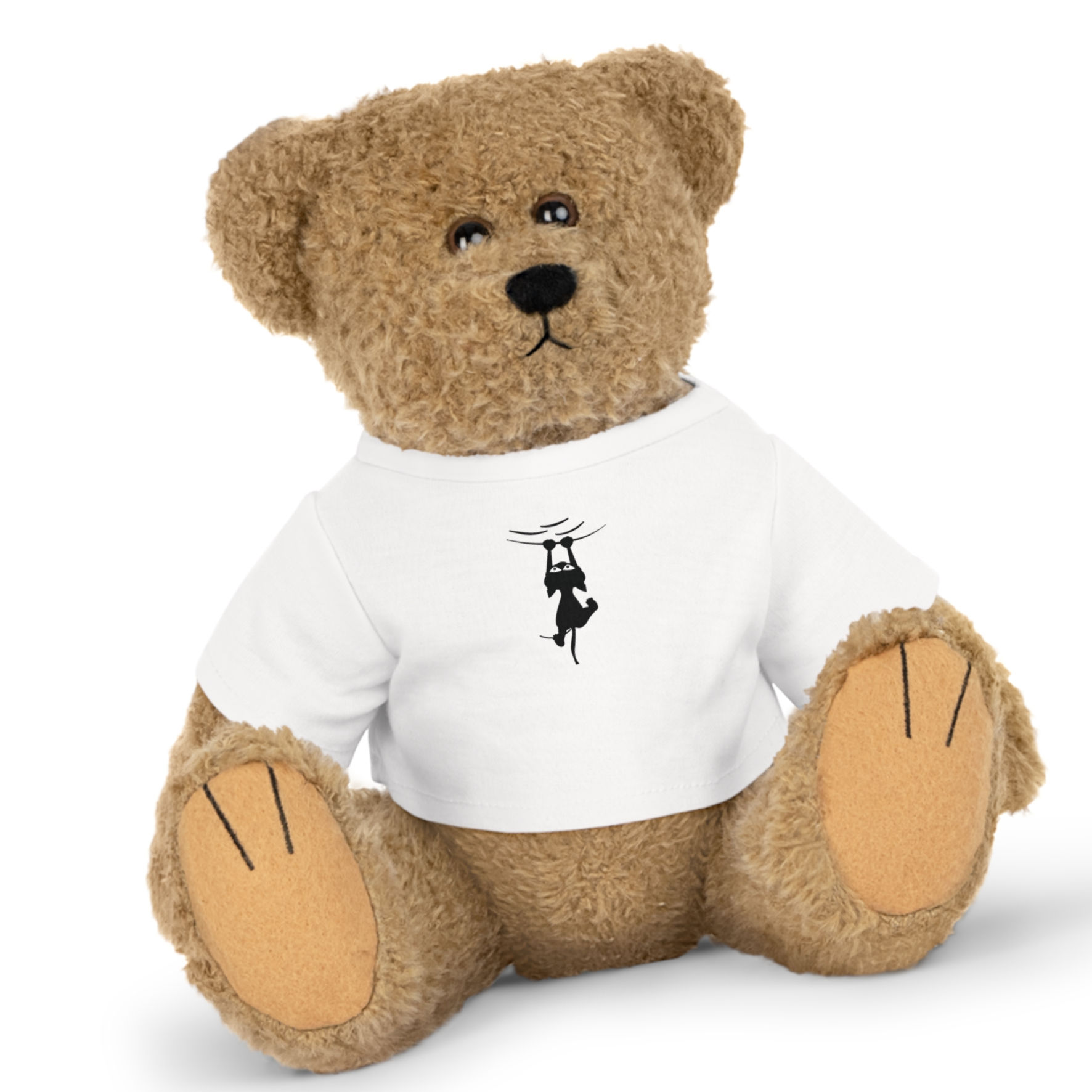 Teddy Bear Plush Toy – White T‑Shirt with Silhouette Swinging Cat Design