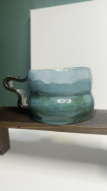 Thumbnail: Handmade Coffee Mug with Light Blue, Dark Blue & Sparkle Black Glaze 