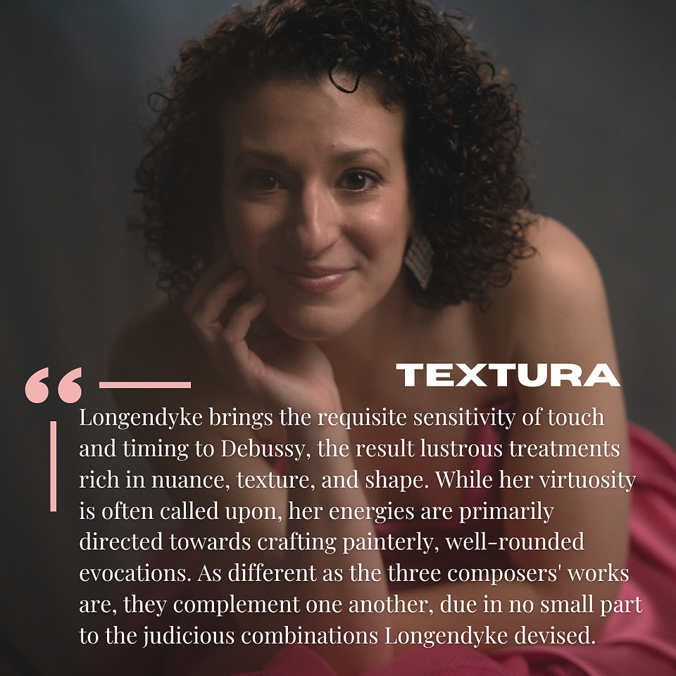 Clare pictured in a pink dress with an excerpt from the first review for her debut album