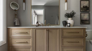 A beautiful bathroom design with white oak vanity