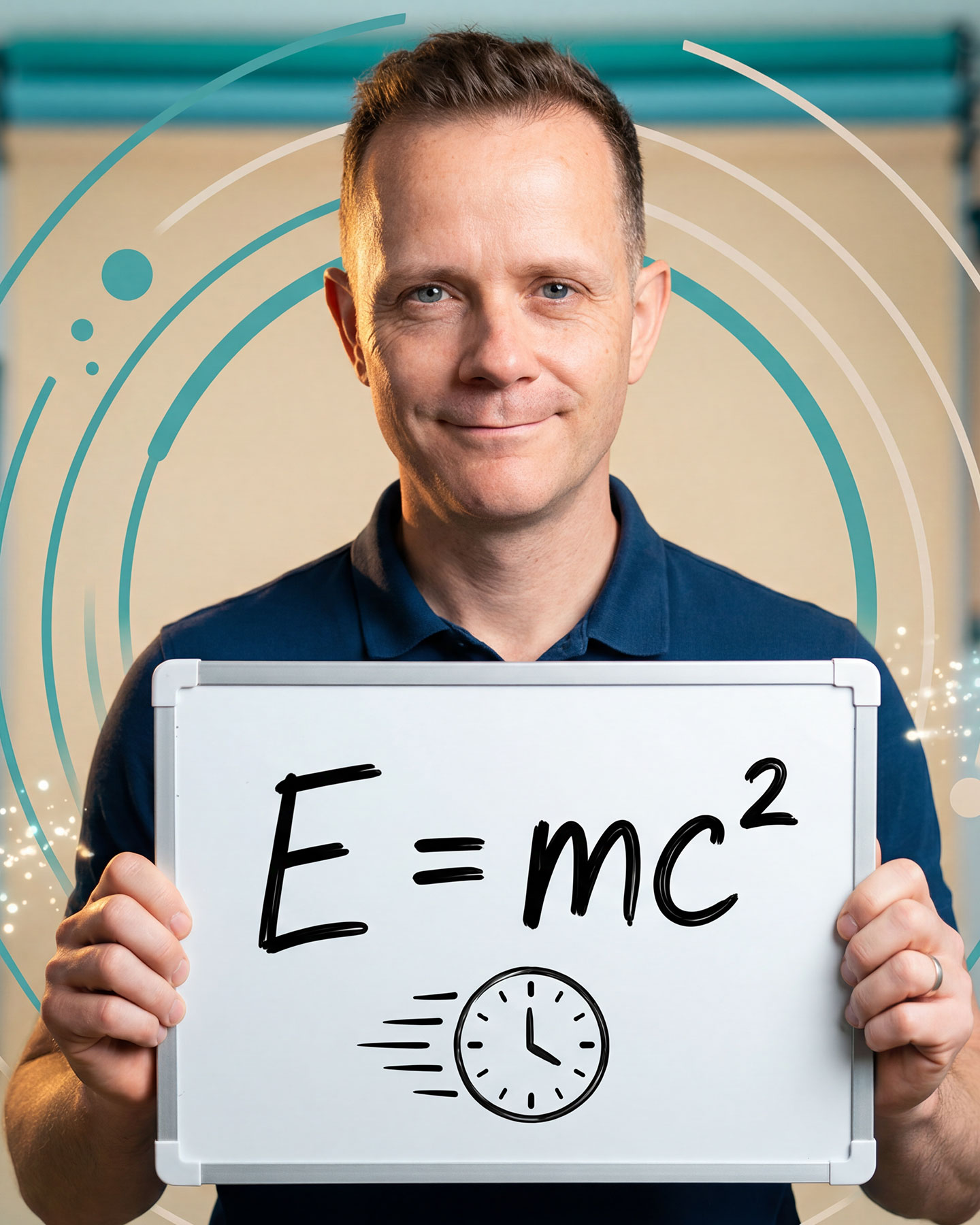 Ronnie Clauser hält ein Schild mit der Relativitätsformel E=mc², das seine schnelle Videoproduktion und agile Content-Erstellung für Social Media symbolisiert. (KI-generiertes Bild)
