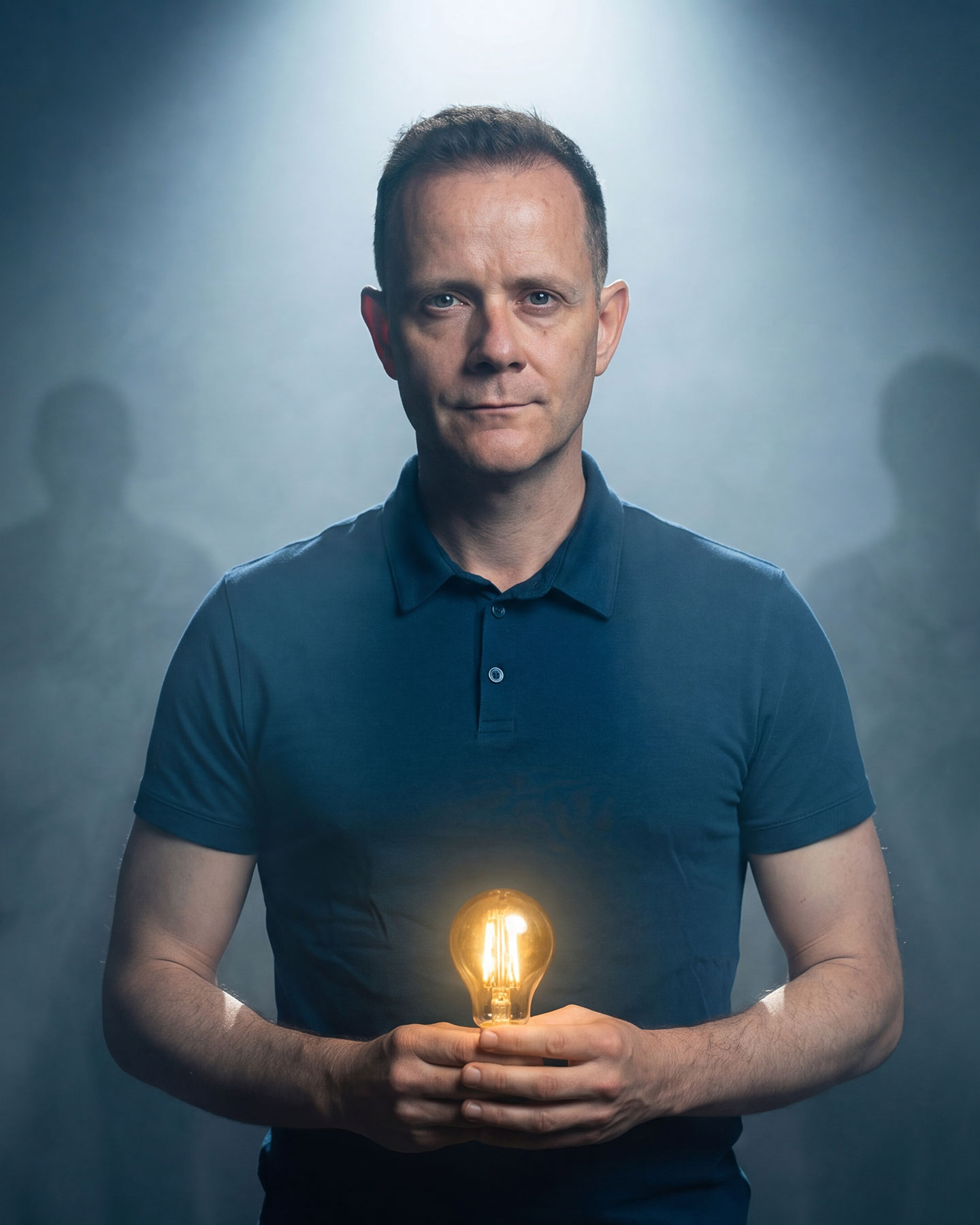 Porträt von Ronnie Clauser in einer hellen Lichtung innerhalb einer Nebellandschaft, metaphorisch für die Sichtbarkeit von Marken im Wettbewerb und Lead-Generierung. (KI-generiertes Bild)