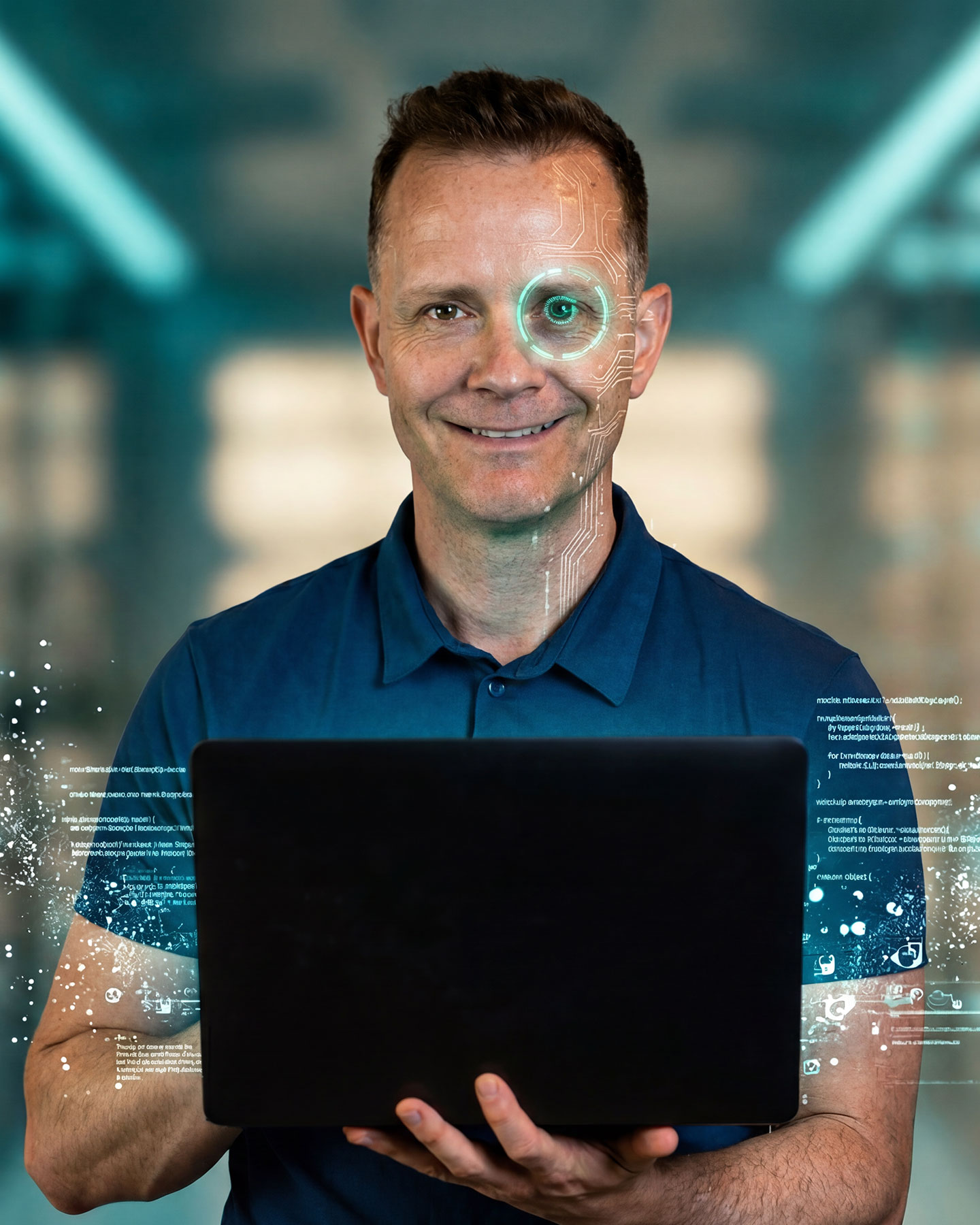 Porträt von Ronnie Clauser mit dezenten, futuristischen Cyber-Elementen und Daten-Displays, die die Verschmelzung von KI-Effizienz und menschlicher Kreativität darstellen. (KI-generiertes Bild)