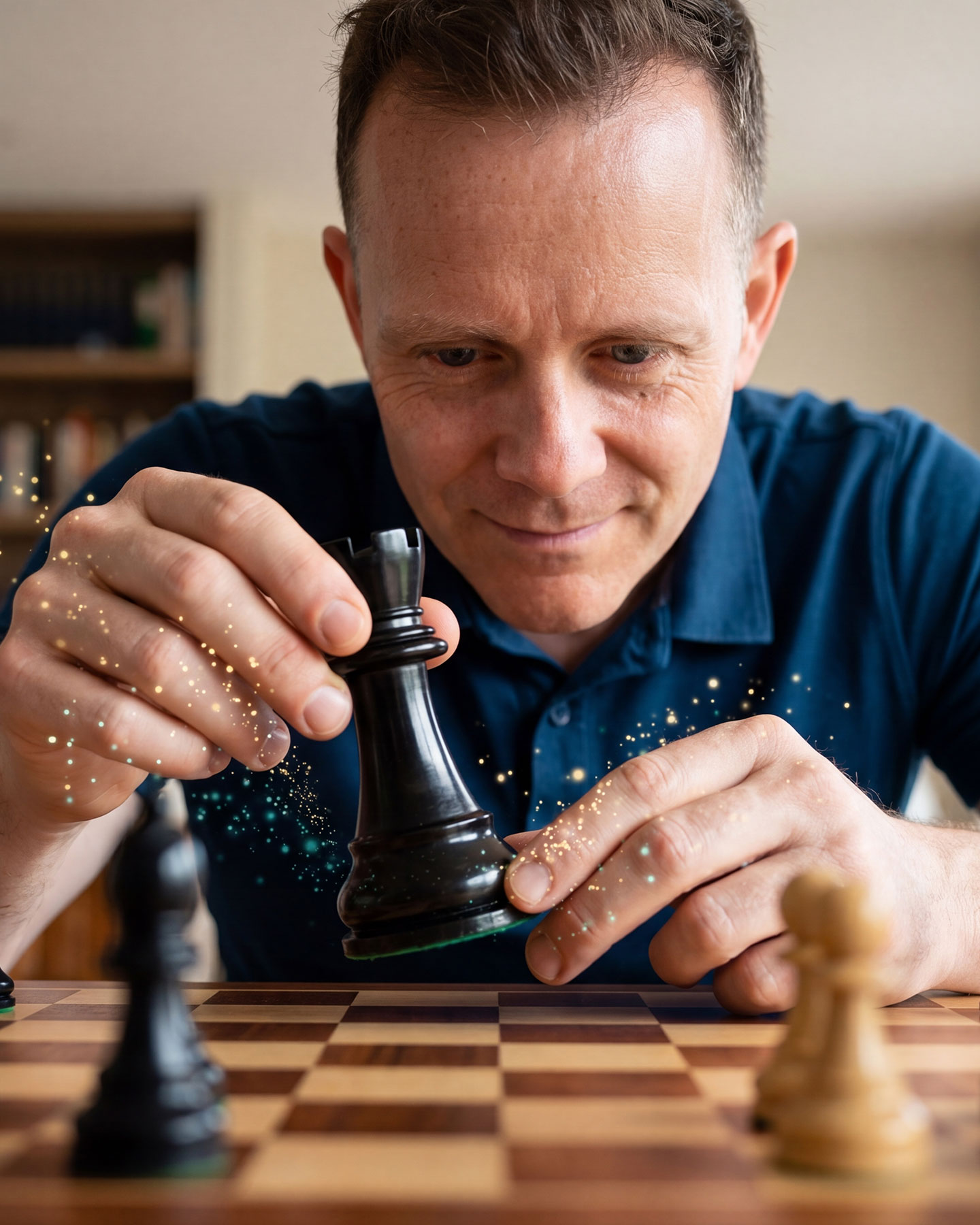 Nahaufnahme von Ronnie Clauser bei einem strategischen Schachzug, symbolisch für Budget-Effizienz, ROI und kluge Marketing-Investitionen ohne Agentur-Overhead. (KI-generiertes Bild)