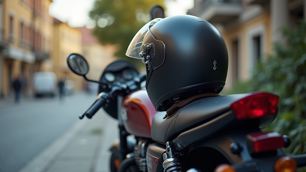 Close-up view of a parked motorcycle with a helmet on the seat
