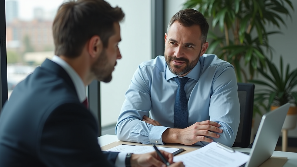 Close-up view of an insurance agent discussing policy details with a client in an office