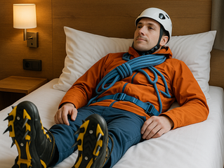 Bergbeklimmer ligt in bed met volledige klimuitrusting, inclusief crampons en helm, in een hotelkamer — een knipoog naar het slapen op hoogte tijdens acclimatisatie