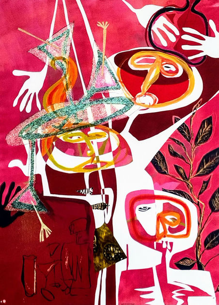 3 surreal abstract figures crrying drinks on a tray, spilling martinis. ©2024 Teresa Bosko