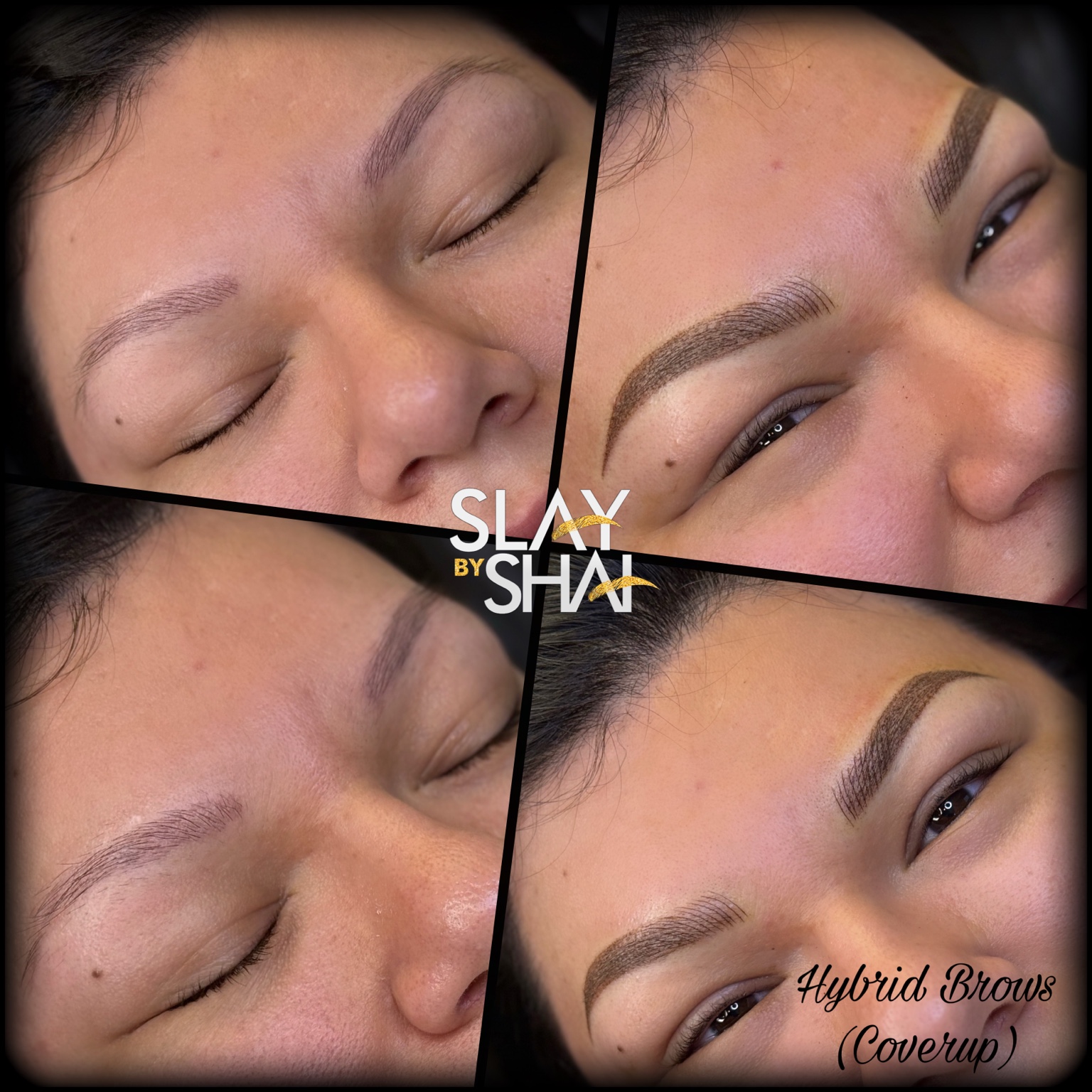 Hybrid brow cover-up transformation — original client before and after collage