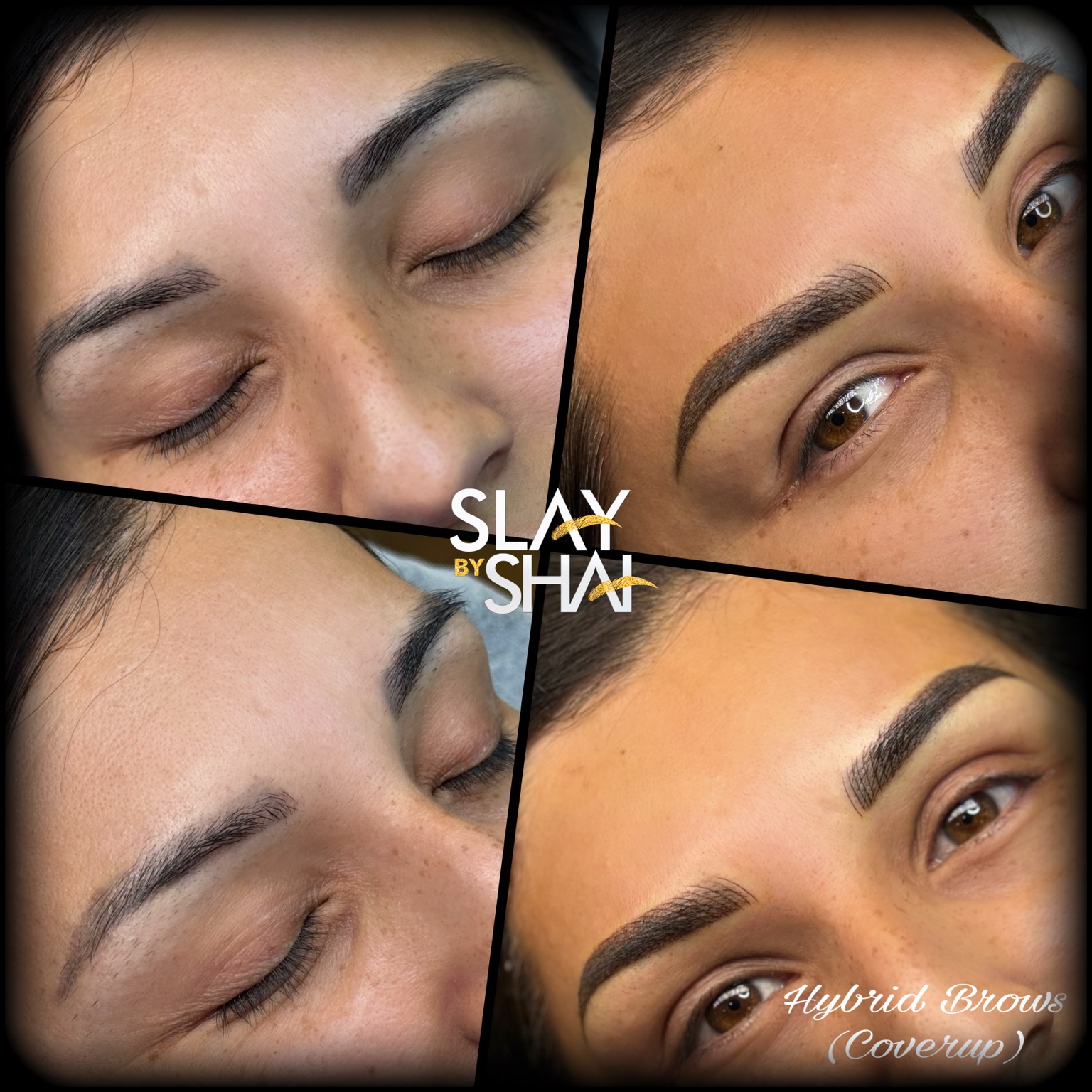 Hybrid brow cover-up transformation — original client before and after collage