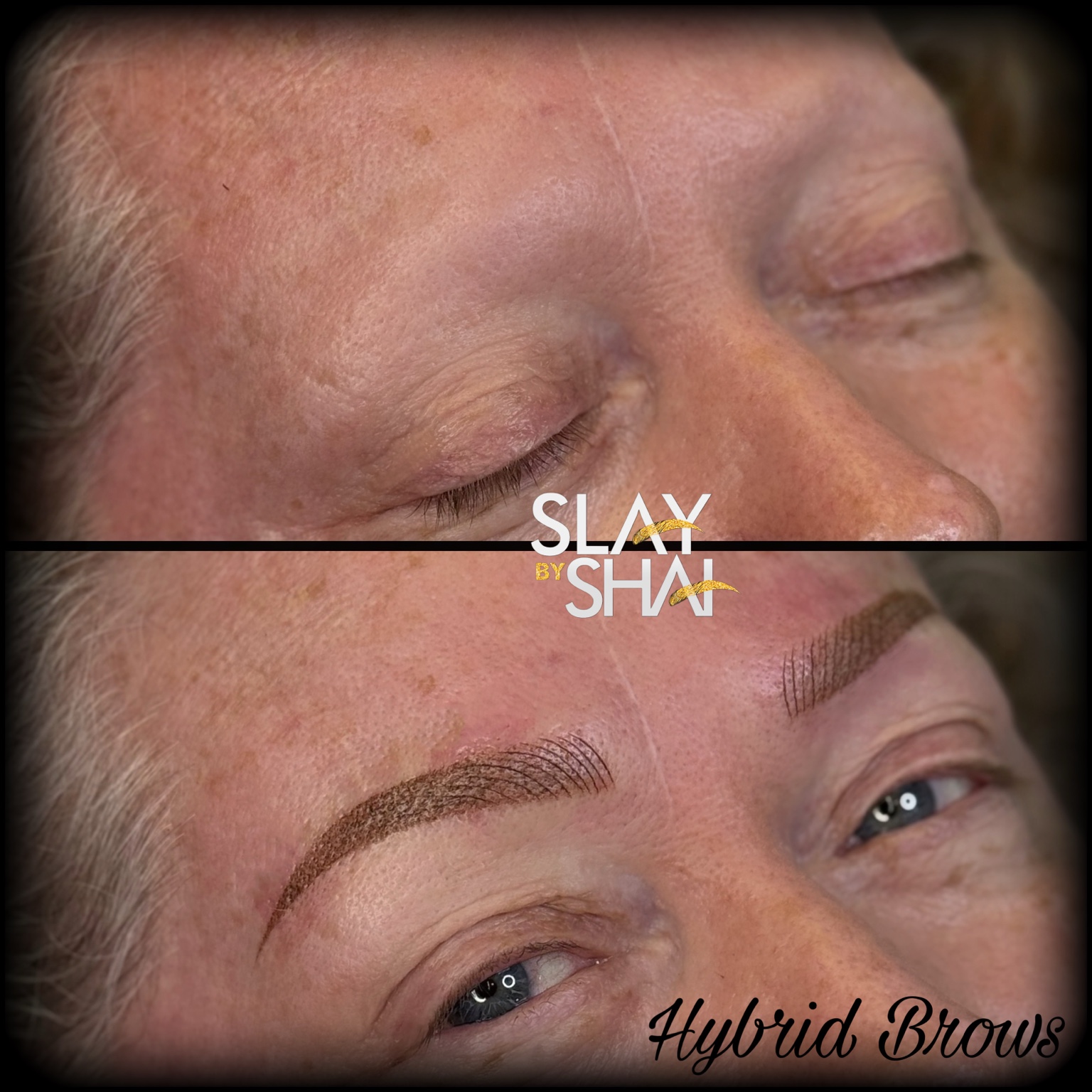 Hybrid brow transformation — original client before and after collage