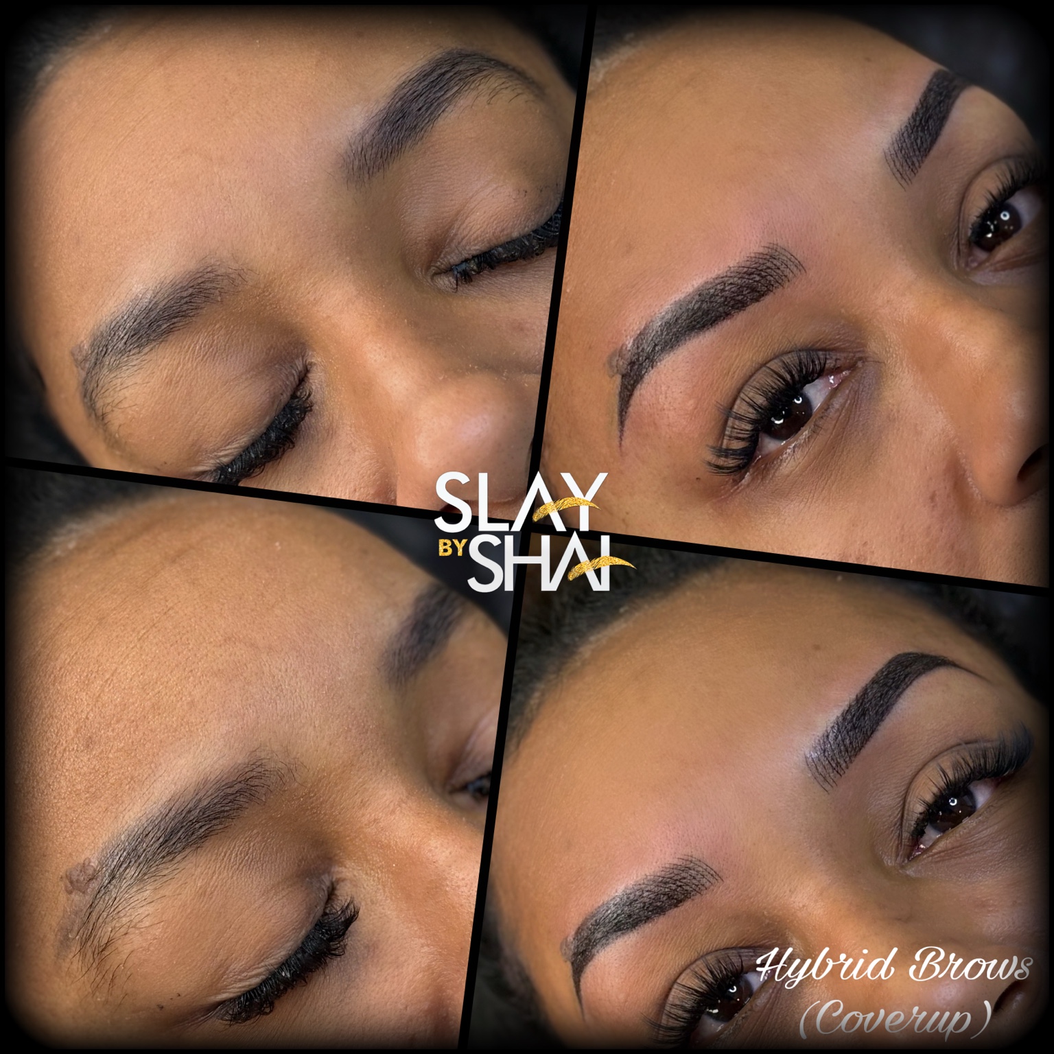 Hybrid brow cover-up transformation — original client before and after collage