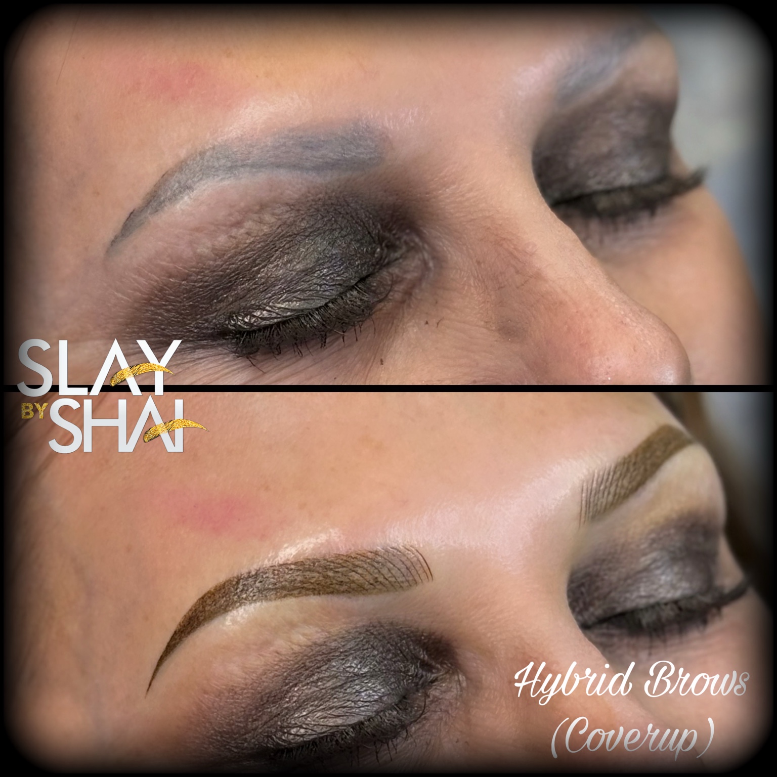 Hybrid brow cover-up transformation — original client before and after collage