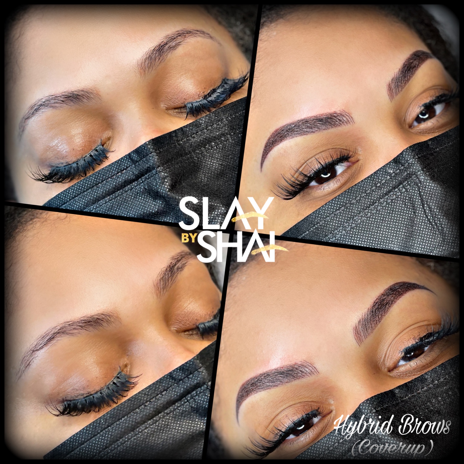 Hybrid brow cover-up transformation — original client before and after collage