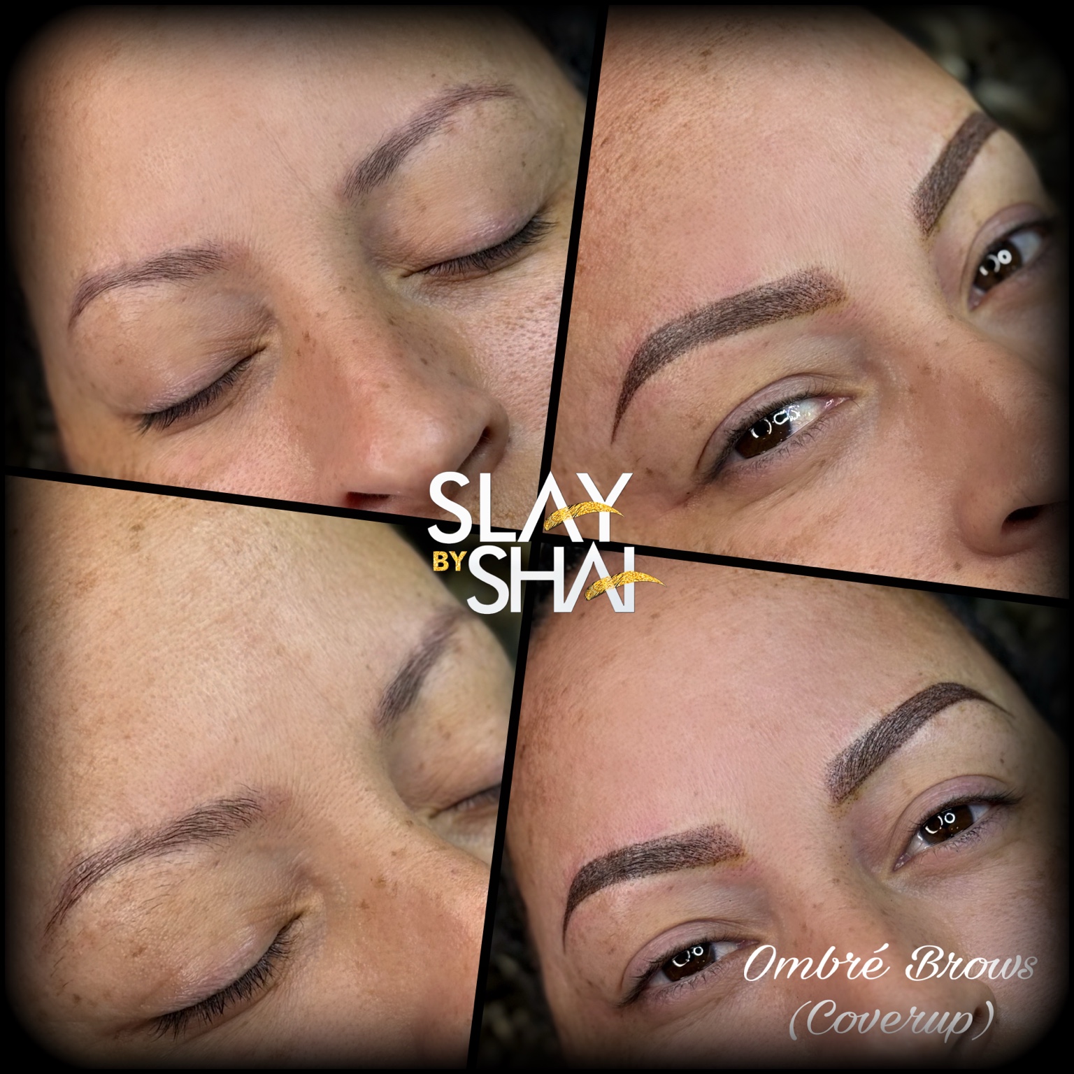 Ombré brow cover-up transformation — original client before and after collage