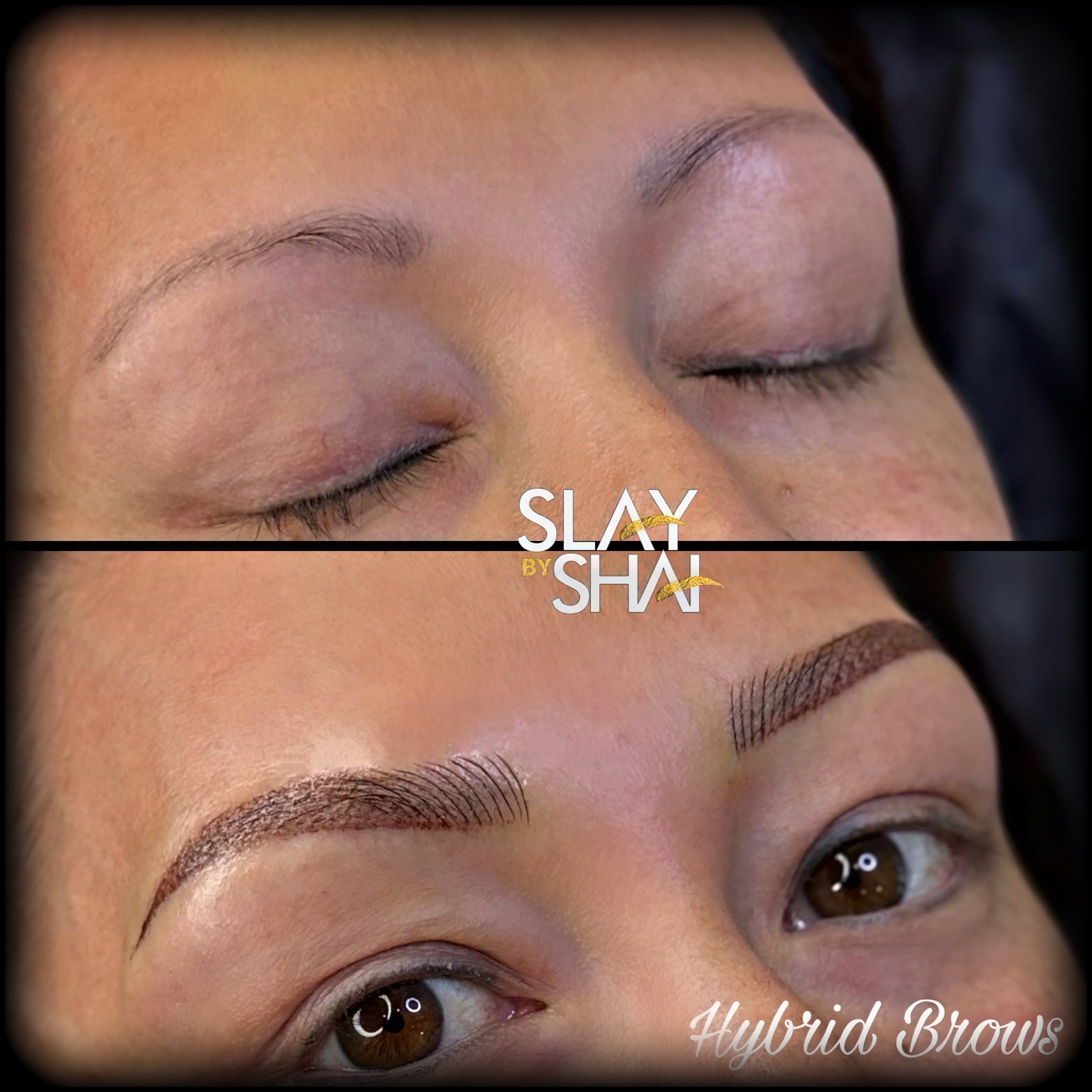 Hybrid brow transformation — original client before and after collage