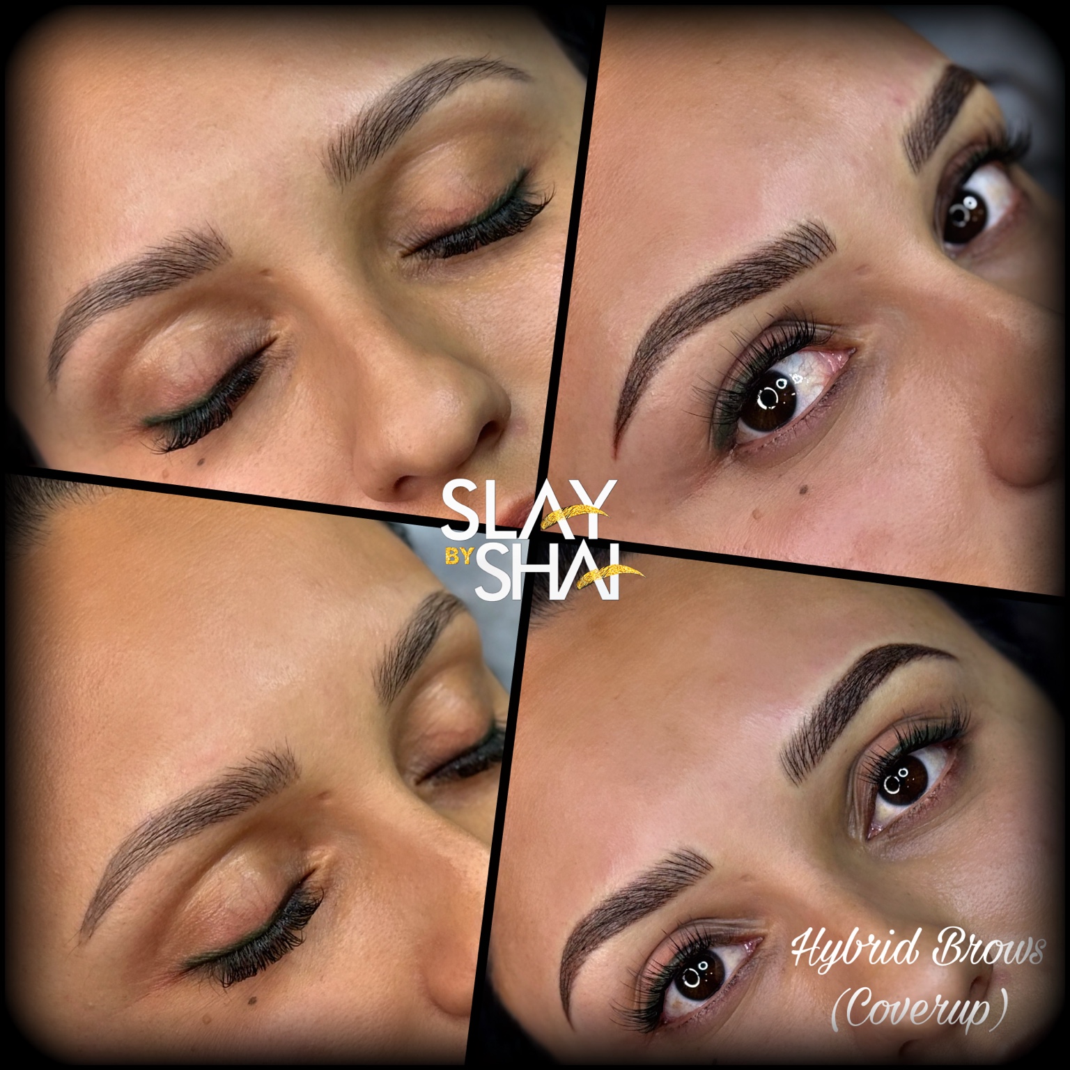 Hybrid brow cover-up transformation — original client before and after collage