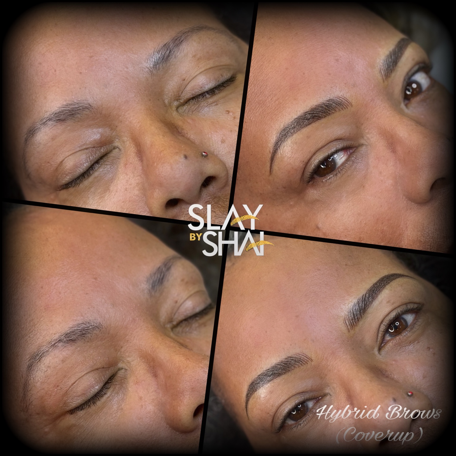 Hybrid brow cover-up transformation — original client before and after collage