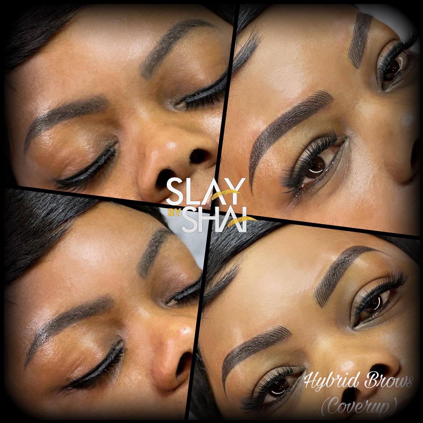 Hybrid brow cover-up transformation — original client before and after collage