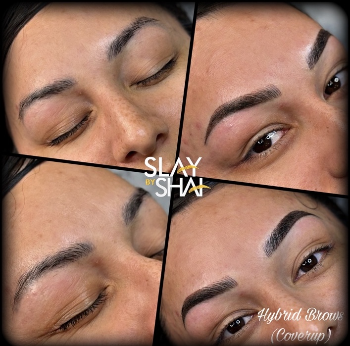 Hybrid brow cover-up transformation — original client before and after collage