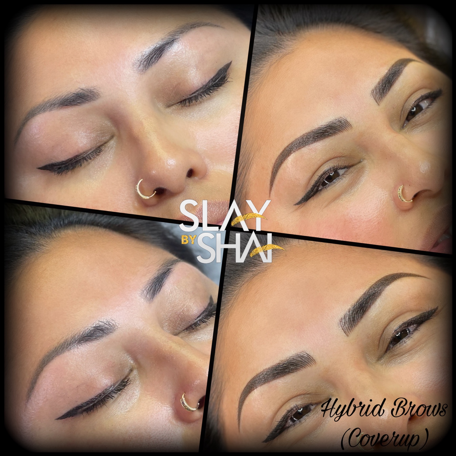 Hybrid brow cover-up transformation — original client before and after collage