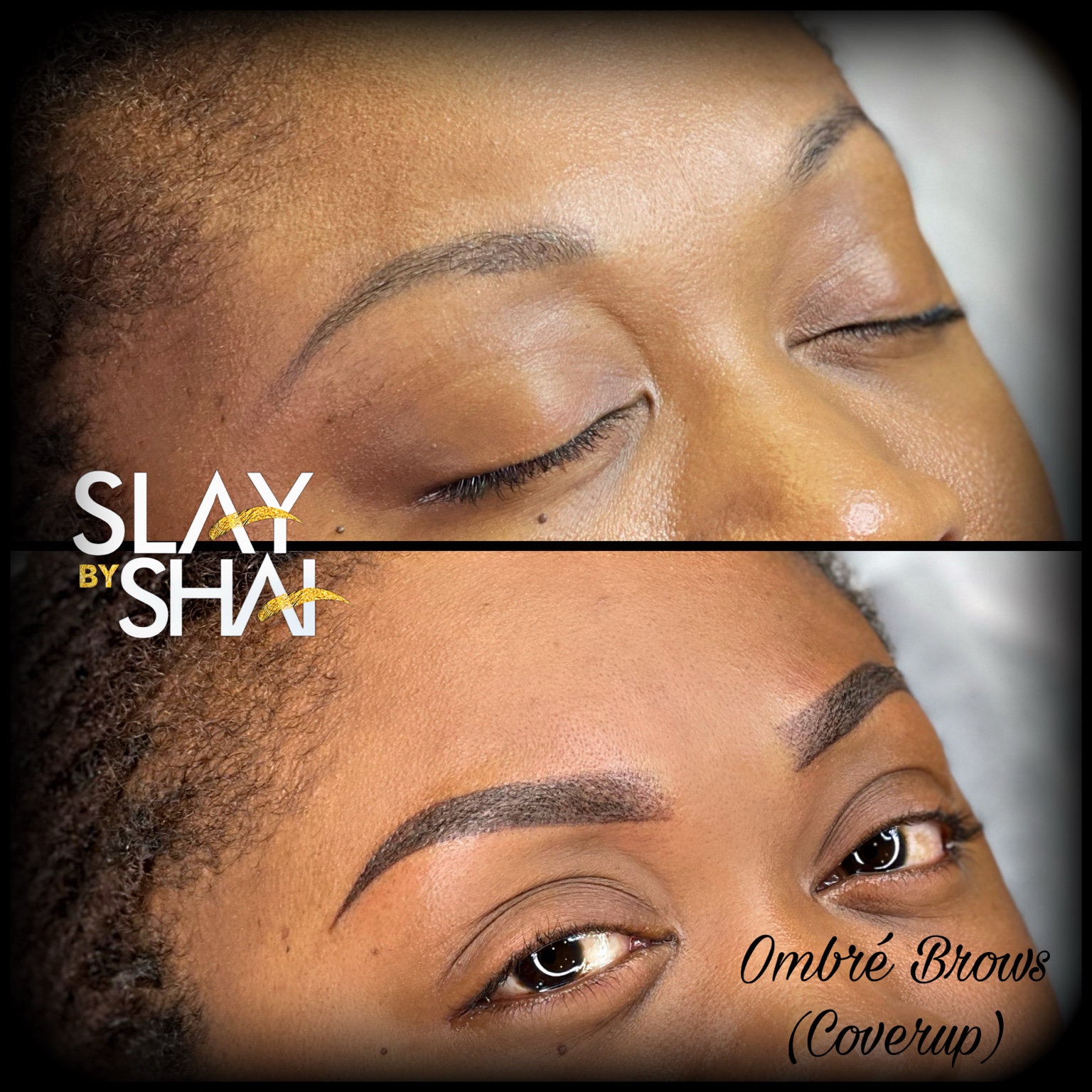 Ombré brow cover-up transformation — original client before and after collage