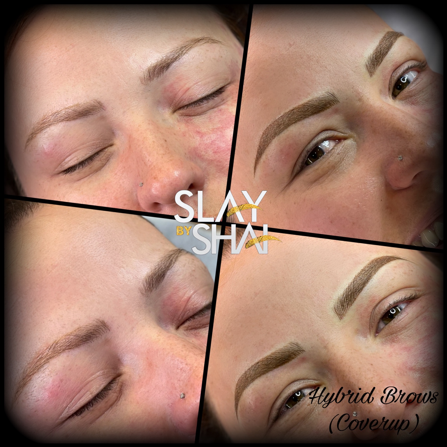 Hybrid brow cover-up transformation — original client before and after collage