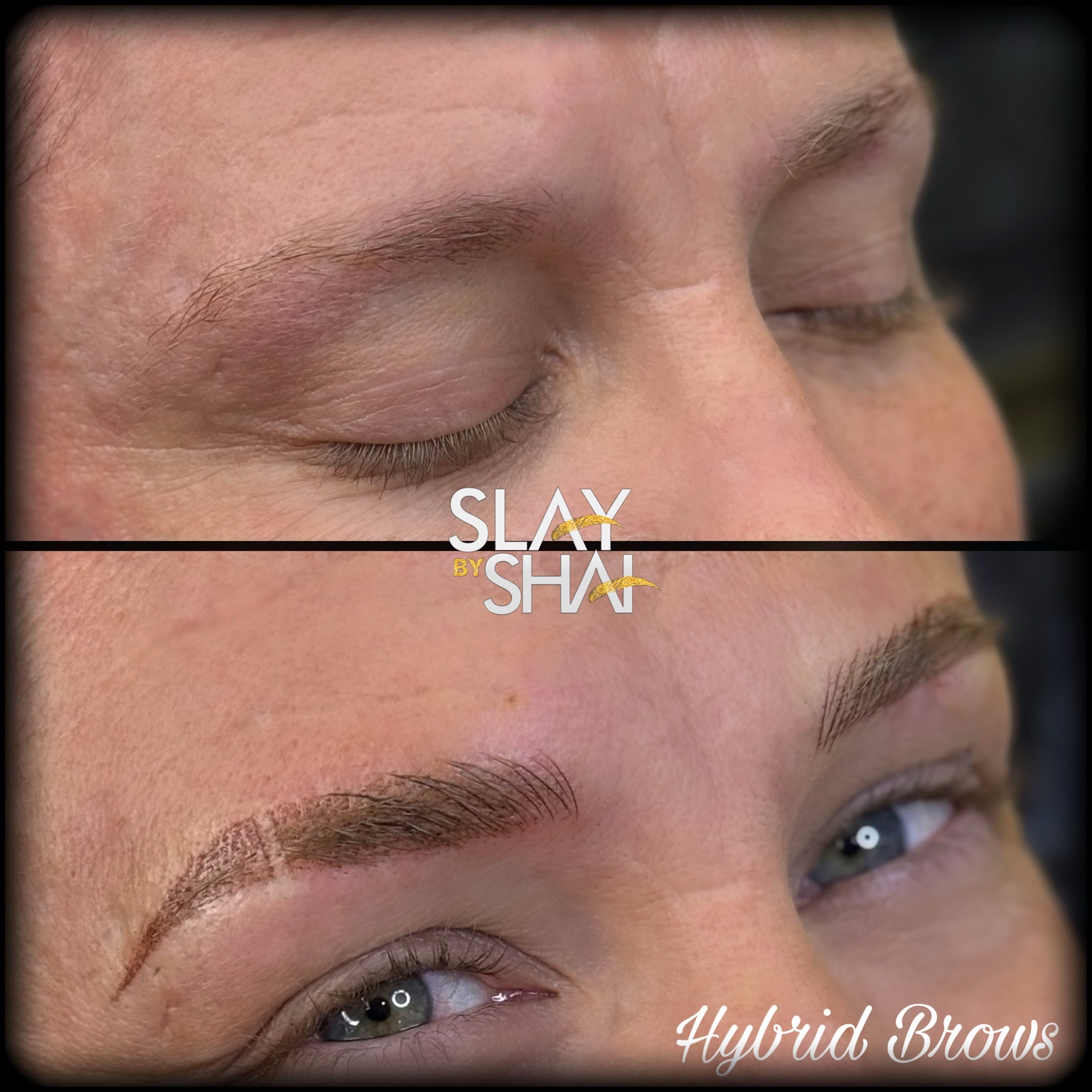 Hybrid brow transformation — original client before and after collage
