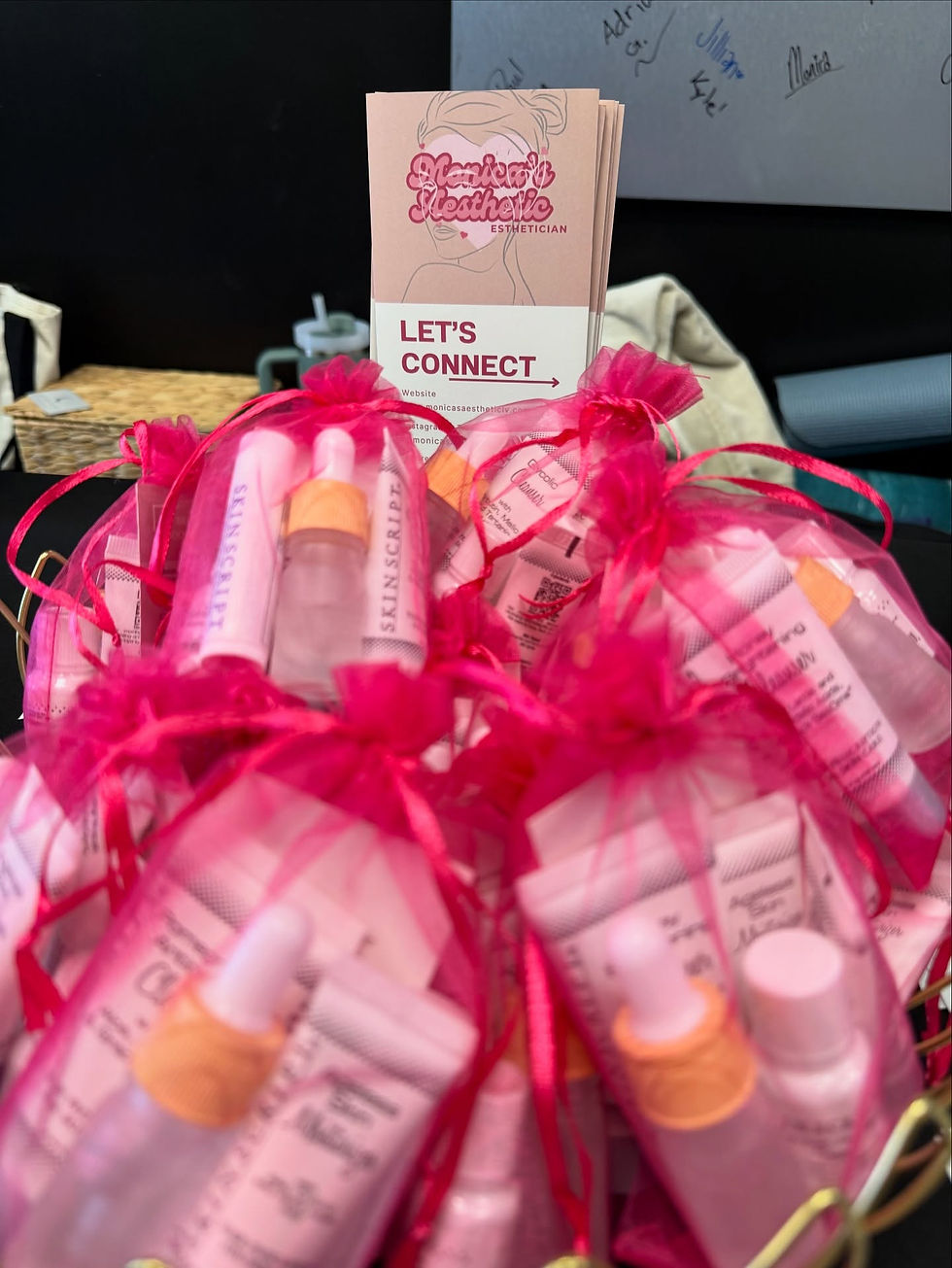 Close-up view of esthetician tools arranged neatly on a tray