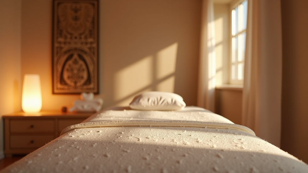 Eye-level view of a spa treatment room with soft lighting and cozy decor