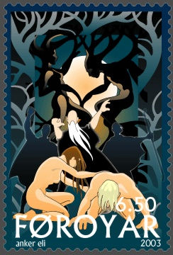 Færøsk frimærke, der forestiller Ask og Embla