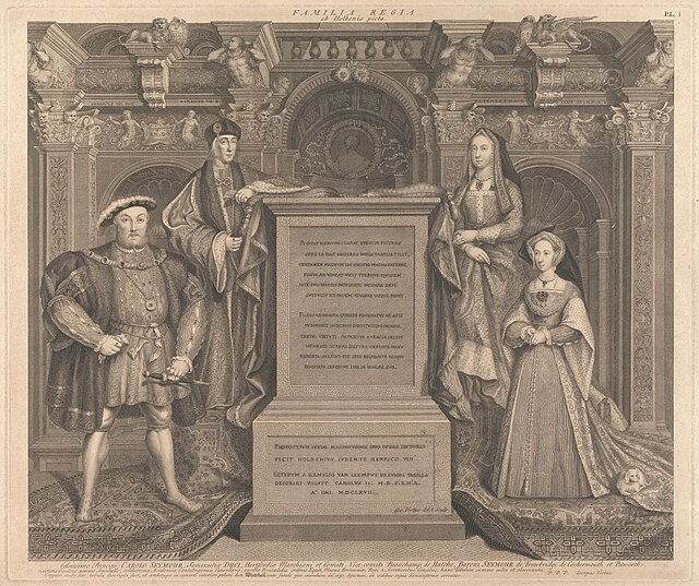 Kopi af vægmaleri bestilt af Henrik VIII i 1537. Viser forrest Henrik VIII og Jane Seymour bagerst Henriks far Henrik VII, hans mor Elizabeth af York. I midten er en indskrift der hædrer Henrik VII og Henrik VIIIs evner som konger. Kopi af George Vertue (1684-1756) Royal Collection Trust.