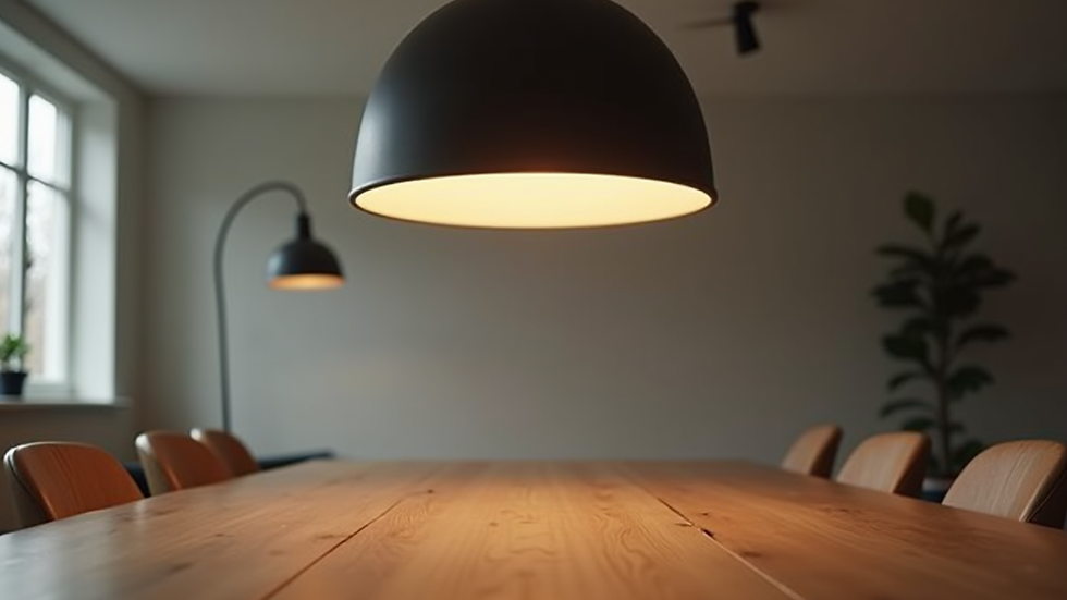 Close-up view of a modern pendant lamp hanging over a dining table