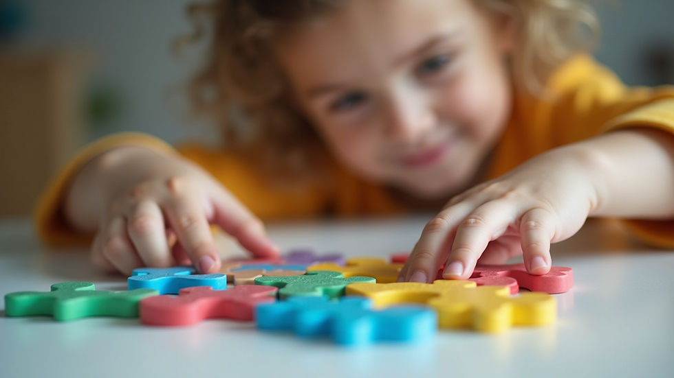 Close-up view of a child playing with a colorful puzzle on a table