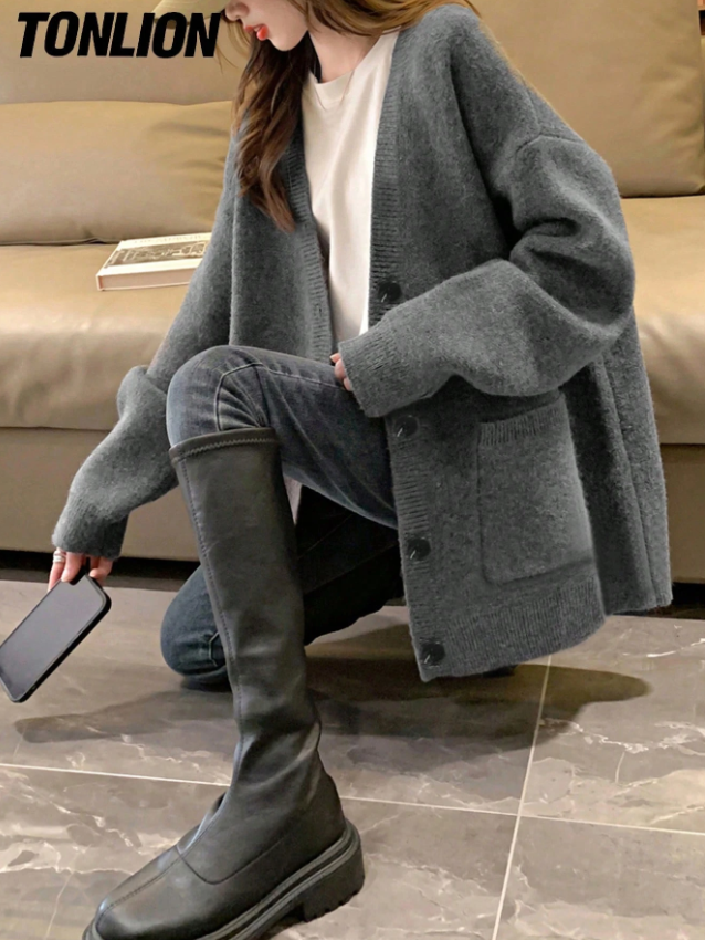 縮圖：Tonlion 寬鬆中長款開衫，秋冬
