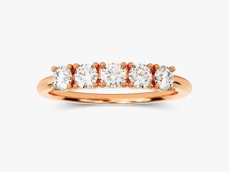 18K Solid Gold Diamond Wedding Ring Five-Stone Anniversary Ring For Women