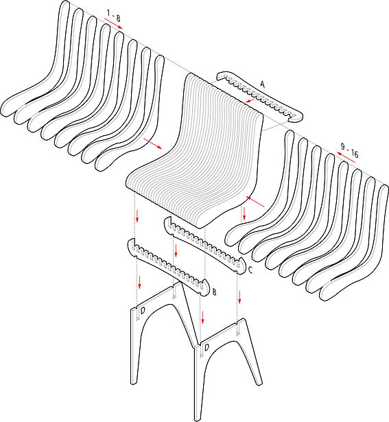 exploded axonometric showing individual pieces of the chair