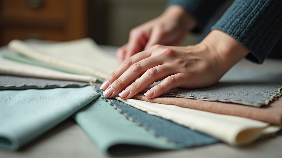 Close-up view of a designer’s hand selecting fabric swatches for a custom interior project