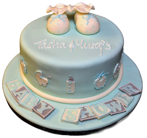 A charming baby shower cake adorned with cute booties and baby motifs, perfect for celebrating the upcoming arrival of a little one.